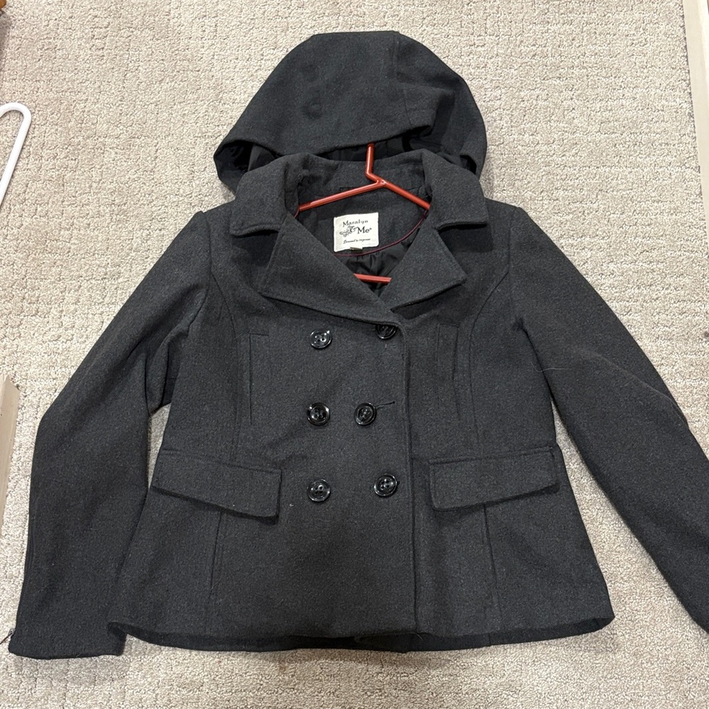Maralyn & Me Black Double-Breasted Hooded Peacoat